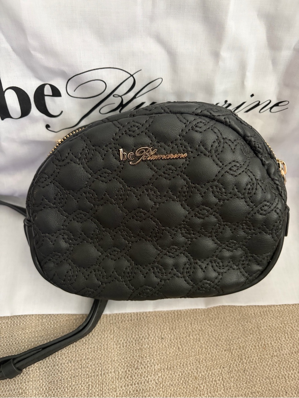 Blumarine Black Quilted Leather Crescent Crossbody Bag with Gold Logo y2k style